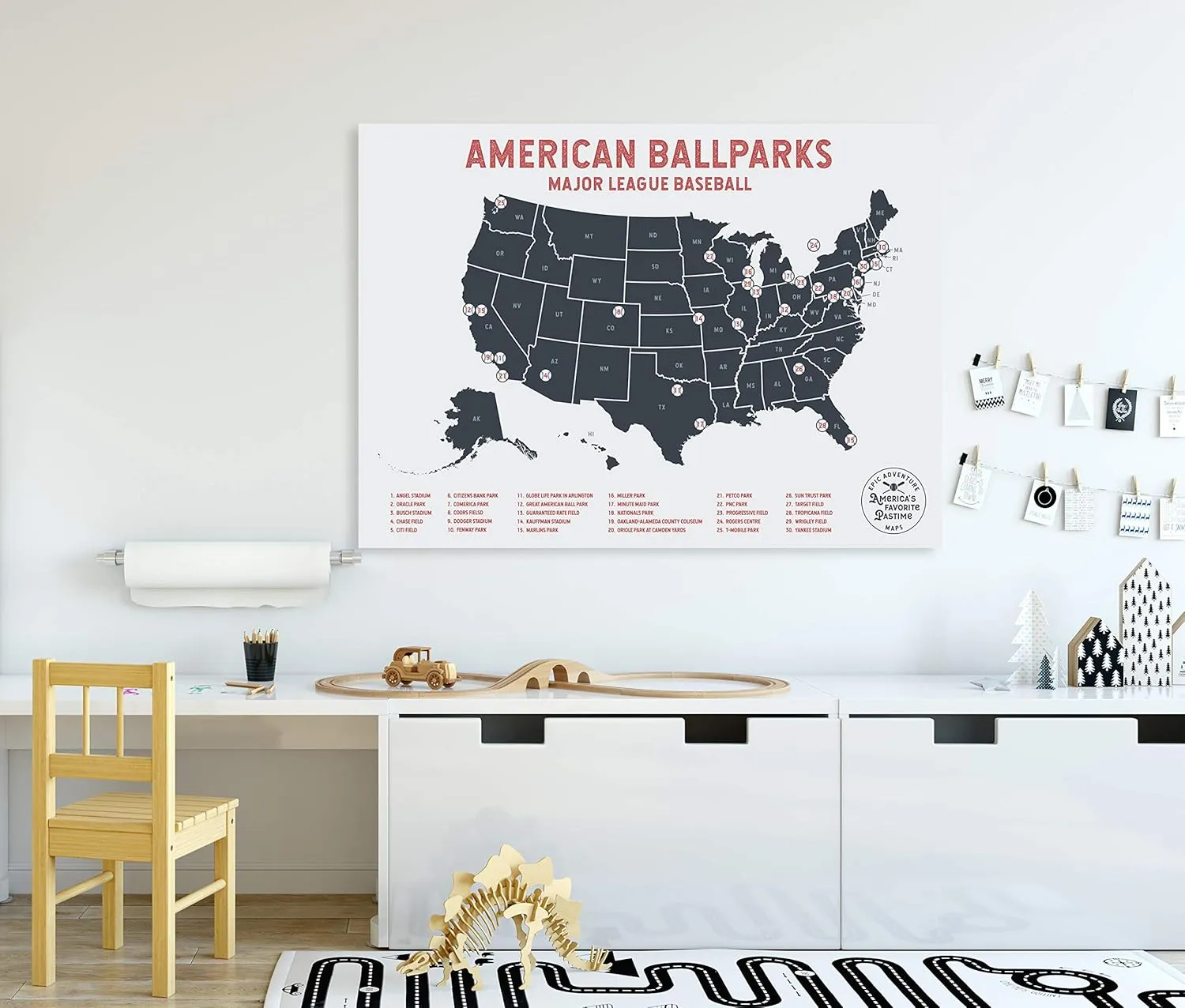 Epic Adventure Maps Major League Baseball Poster   Pushpins - Mark your travels to your favorite MLB baseball stadiums - Pushpin Poster Sports Decor - Great Gift for Dad or Graduation Gift