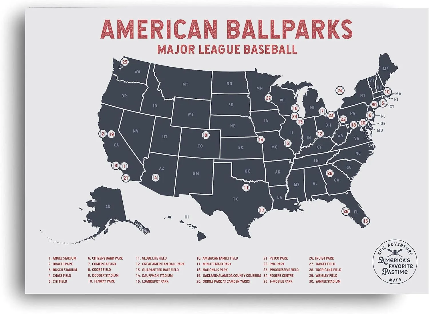Epic Adventure Maps Major League Baseball Poster   Pushpins - Mark your travels to your favorite MLB baseball stadiums - Pushpin Poster Sports Decor - Great Gift for Dad or Graduation Gift