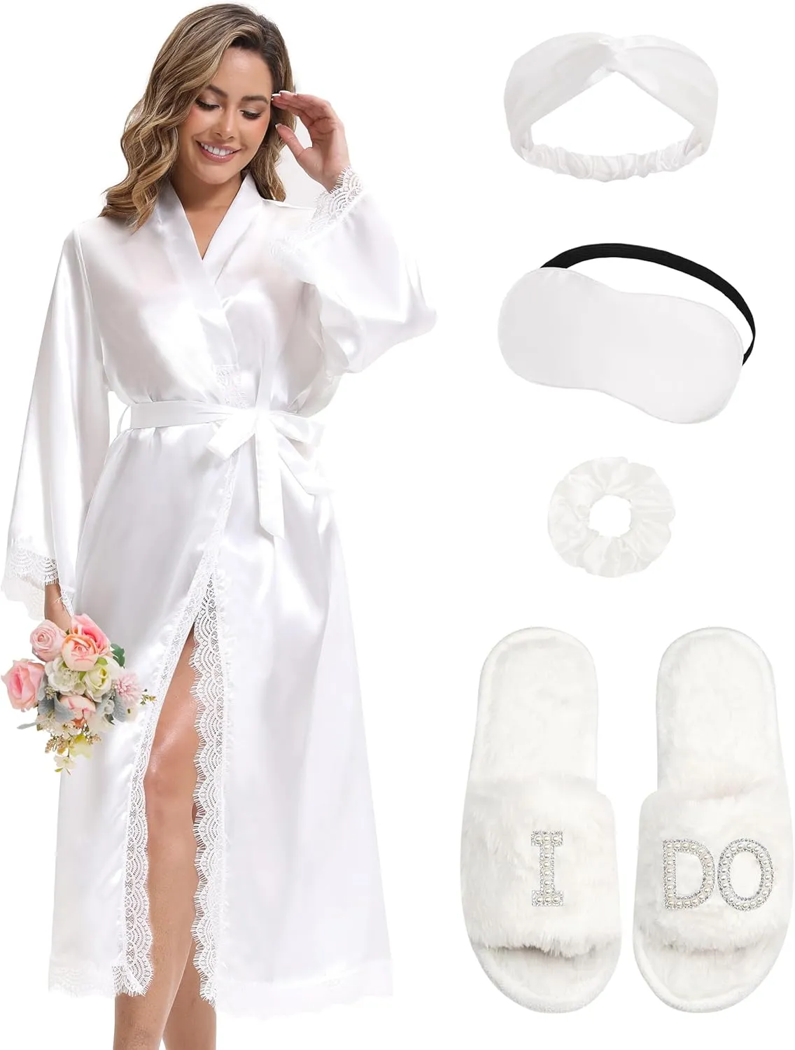 EPLAZA Bridal Bride Robe for Wedding Day Set Slippers Long Lace Satin Silk Robes for Women Bachelorette Party Getting Ready