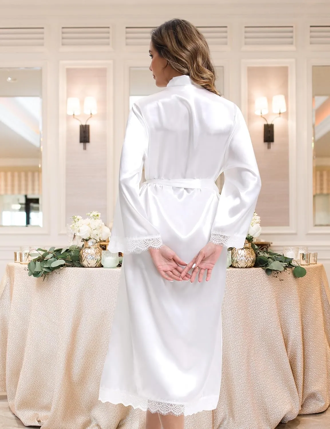 EPLAZA Bridal Bride Robe for Wedding Day Set Slippers Long Lace Satin Silk Robes for Women Bachelorette Party Getting Ready