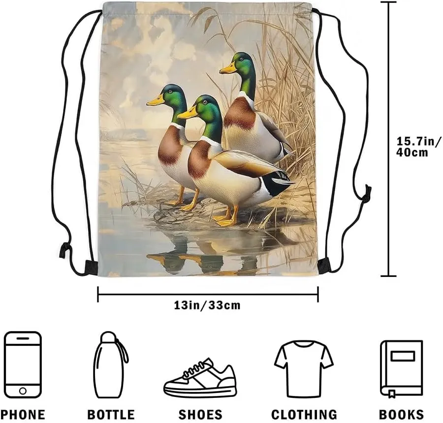 Erosebridal Mallard Duck 13x15.7 Drawstring Backpack Wild Duck Drawstring Bags Hunting Animals Draw String Back Bag Farmhouse Cabin String Backpack Rural Scenery Decor