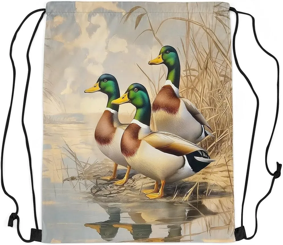 Erosebridal Mallard Duck 13x15.7 Drawstring Backpack Wild Duck Drawstring Bags Hunting Animals Draw String Back Bag Farmhouse Cabin String Backpack Rural Scenery Decor
