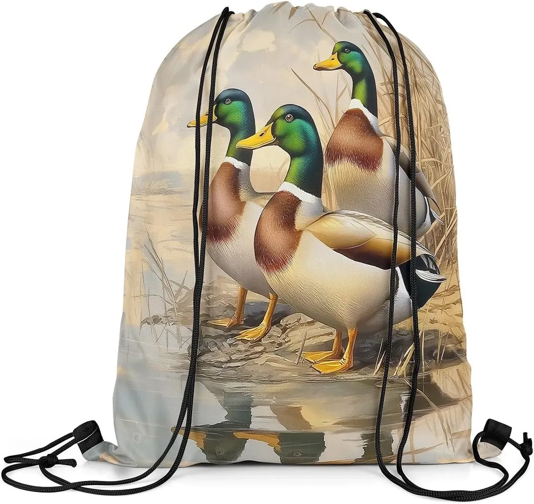 Erosebridal Mallard Duck 13x15.7 Drawstring Backpack Wild Duck Drawstring Bags Hunting Animals Draw String Back Bag Farmhouse Cabin String Backpack Rural Scenery Decor