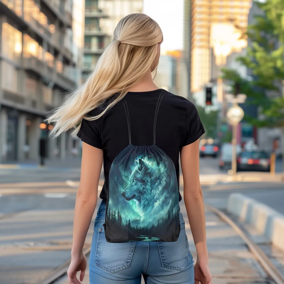 Erosebridal Wolf Galaxy Drawstring Backpack 13X15.7 Woodland Wild Animal Drawstring Bags Starry Sky Draw String Back Bag Botanical Trees Wildlife String Backpack Nature Theme Cinch Bag