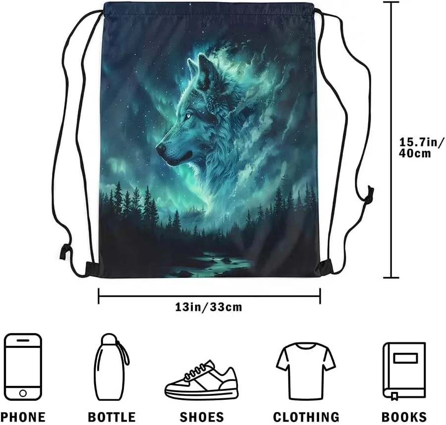 Erosebridal Wolf Galaxy Drawstring Backpack 13X15.7 Woodland Wild Animal Drawstring Bags Starry Sky Draw String Back Bag Botanical Trees Wildlife String Backpack Nature Theme Cinch Bag