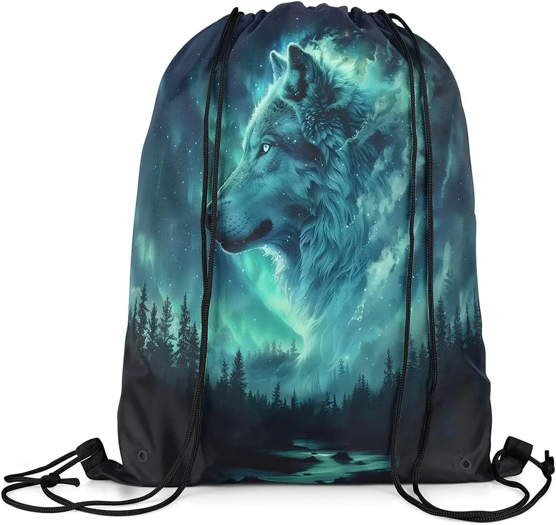 Erosebridal Wolf Galaxy Drawstring Backpack 13X15.7 Woodland Wild Animal Drawstring Bags Starry Sky Draw String Back Bag Botanical Trees Wildlife String Backpack Nature Theme Cinch Bag