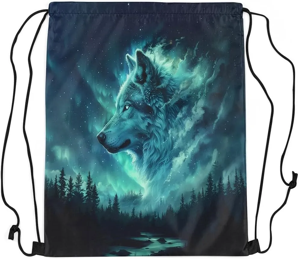 Erosebridal Wolf Galaxy Drawstring Backpack 13X15.7 Woodland Wild Animal Drawstring Bags Starry Sky Draw String Back Bag Botanical Trees Wildlife String Backpack Nature Theme Cinch Bag