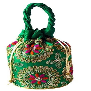 Ethnic Brocade And Silk Jardosh Embroidered Potli bag For Women And Girls Green