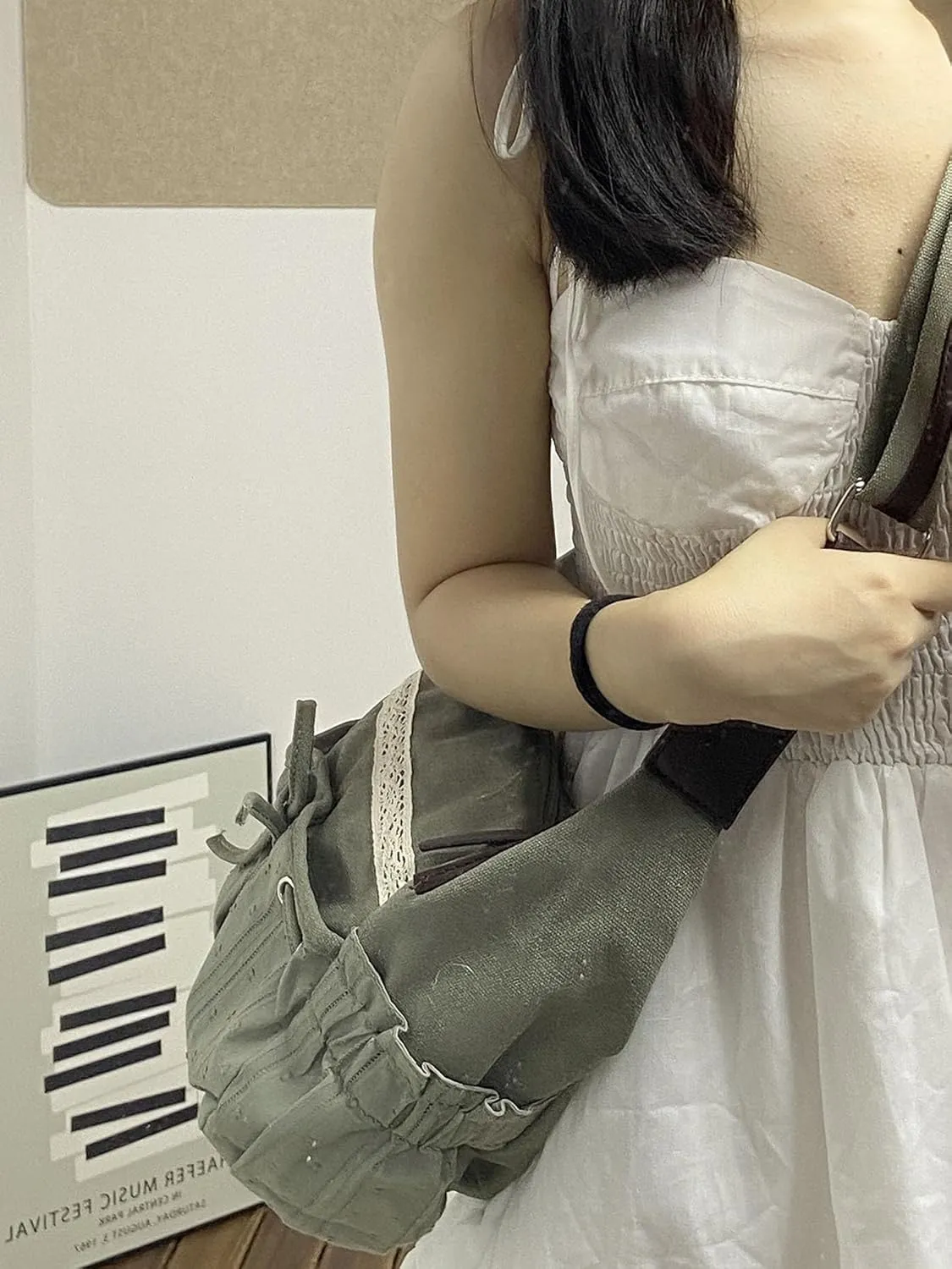 Fairy Grunge Crossbody Bags Lace Coquette Bow Bag Y2k Crossbody Purses Cute Tote Bag Aesthetic Canvas Bag Emo