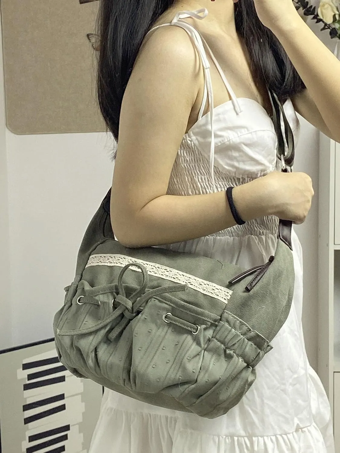 Fairy Grunge Crossbody Bags Lace Coquette Bow Bag Y2k Crossbody Purses Cute Tote Bag Aesthetic Canvas Bag Emo