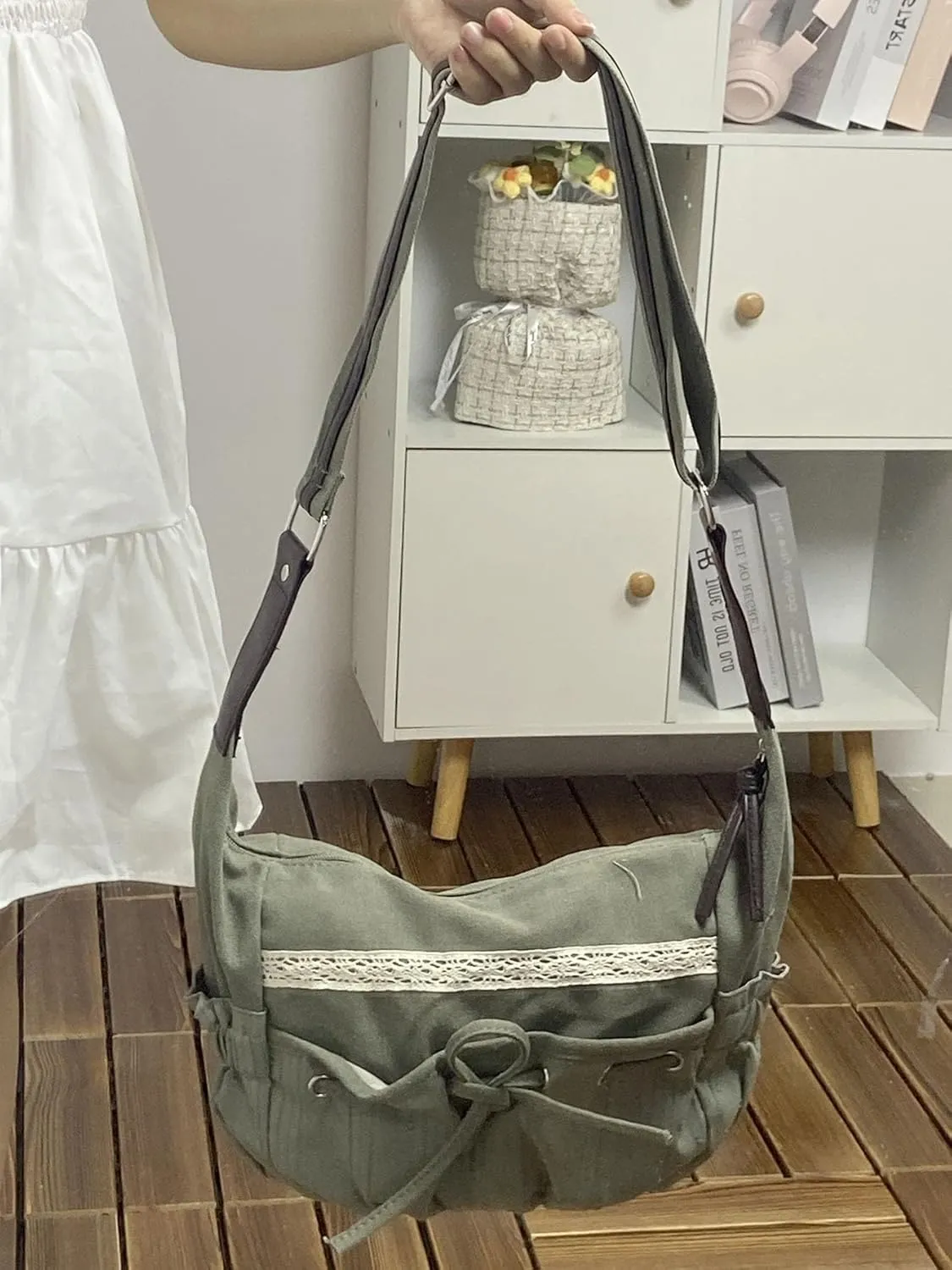 Fairy Grunge Crossbody Bags Lace Coquette Bow Bag Y2k Crossbody Purses Cute Tote Bag Aesthetic Canvas Bag Emo