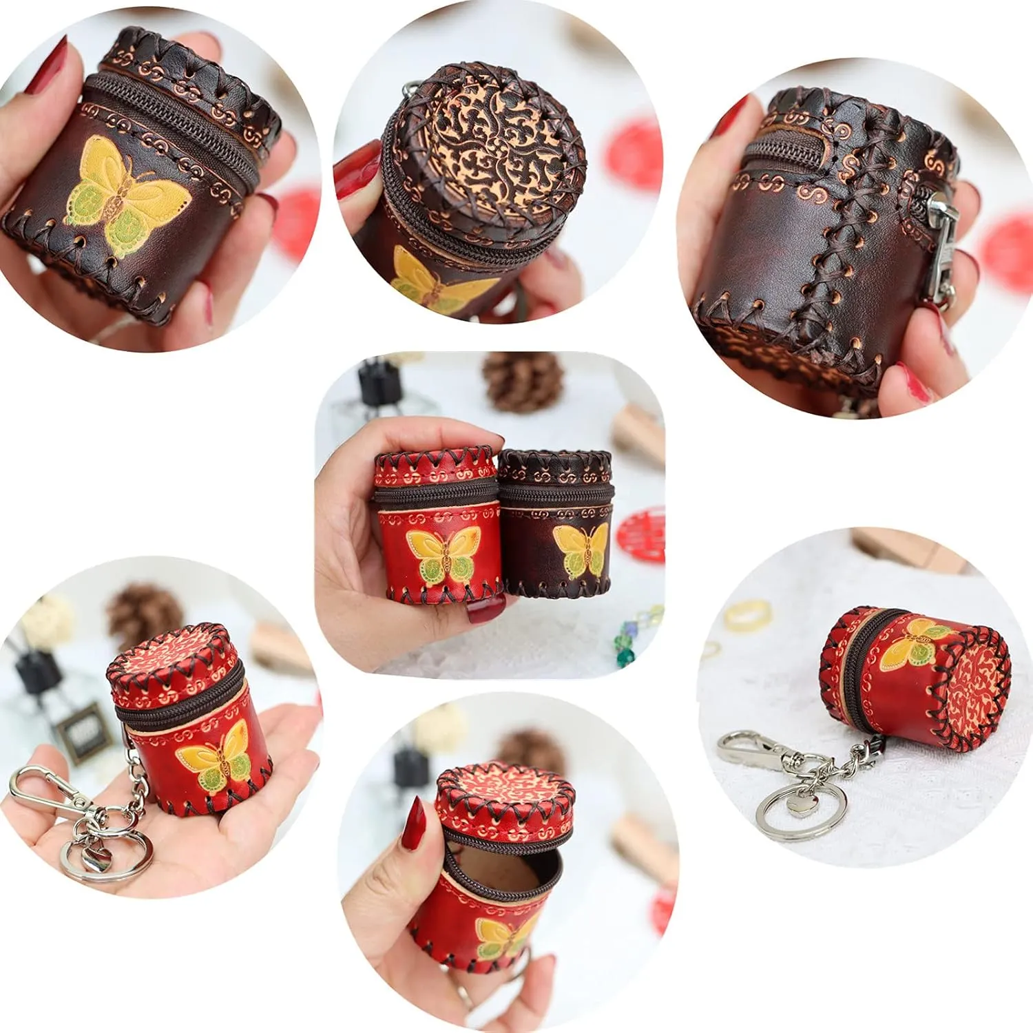 Fanyixuan Handmade Mini Leather Bucket Bag Pendant Jewelry Box Jewelry Classification Storage Box Change Storage Bag Personalized Bag Pendant(Brown and red)