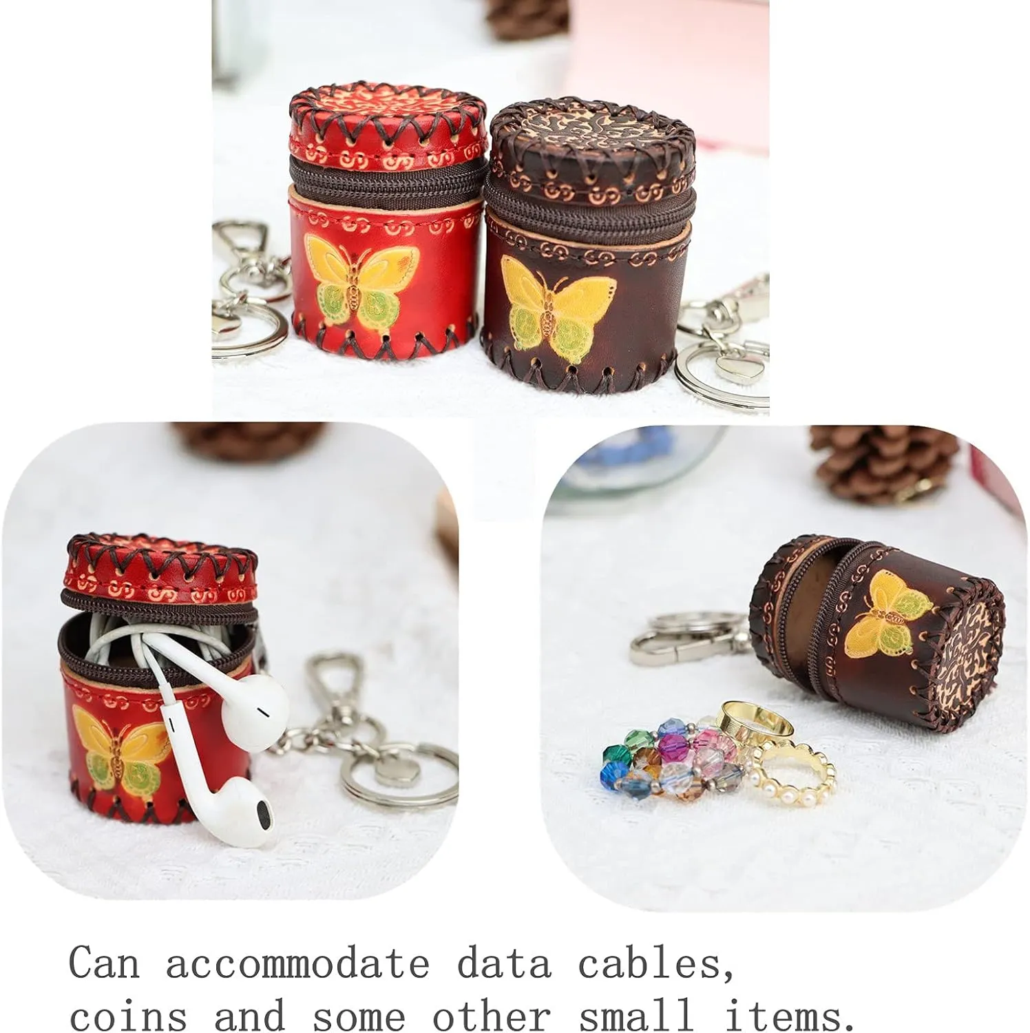 Fanyixuan Handmade Mini Leather Bucket Bag Pendant Jewelry Box Jewelry Classification Storage Box Change Storage Bag Personalized Bag Pendant(Brown and red)