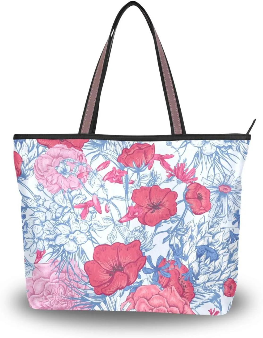 Fashion Tote Bag for Women Shoulder Handbags Top Handle Satchel Bags with Zipper Flower Print Pattern 1(L)