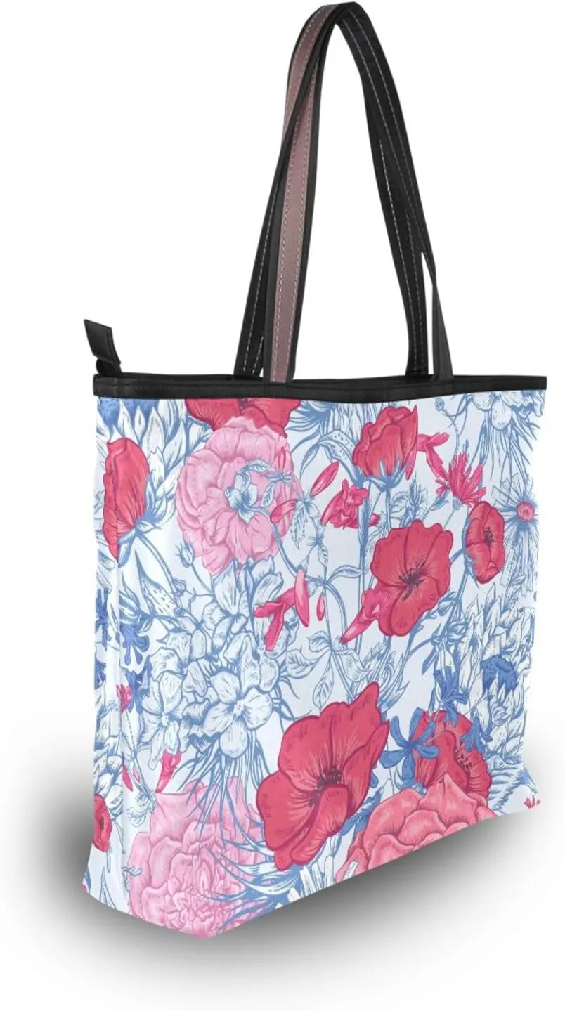 Fashion Tote Bag for Women Shoulder Handbags Top Handle Satchel Bags with Zipper Flower Print Pattern 1(L)