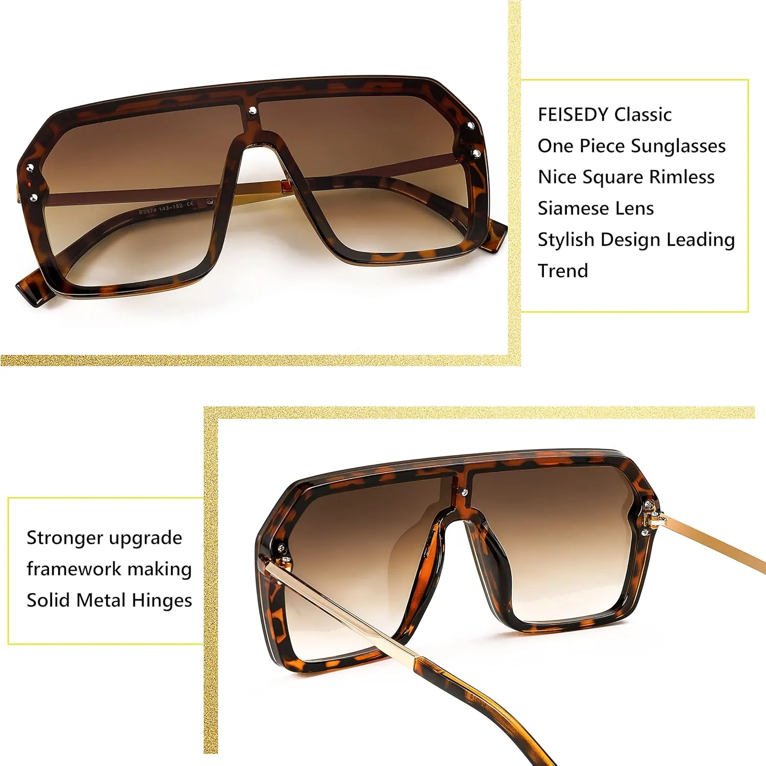 FEISEDY Classic Siamese One Piece Sunglasses Nice Rimless Stylish Retro Design for Women Men B2574