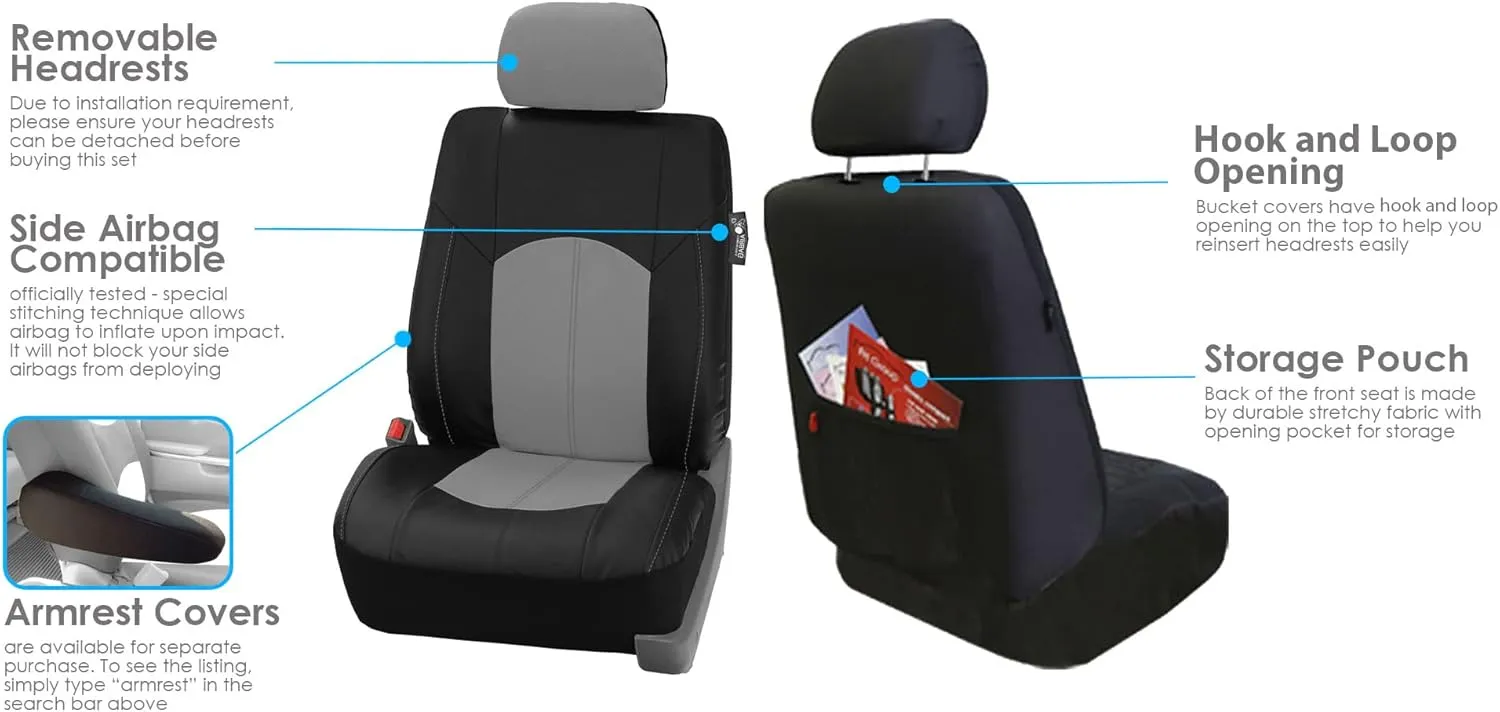 FH Group Automotive Seat Cover Highest Grade Faux Leather Gray Full Set, Combo Car Seat Cover Design Airbag Compatible Split Bench Tan Car Seat Covers Interior Accessories Universal Fit Cars Truck SUV