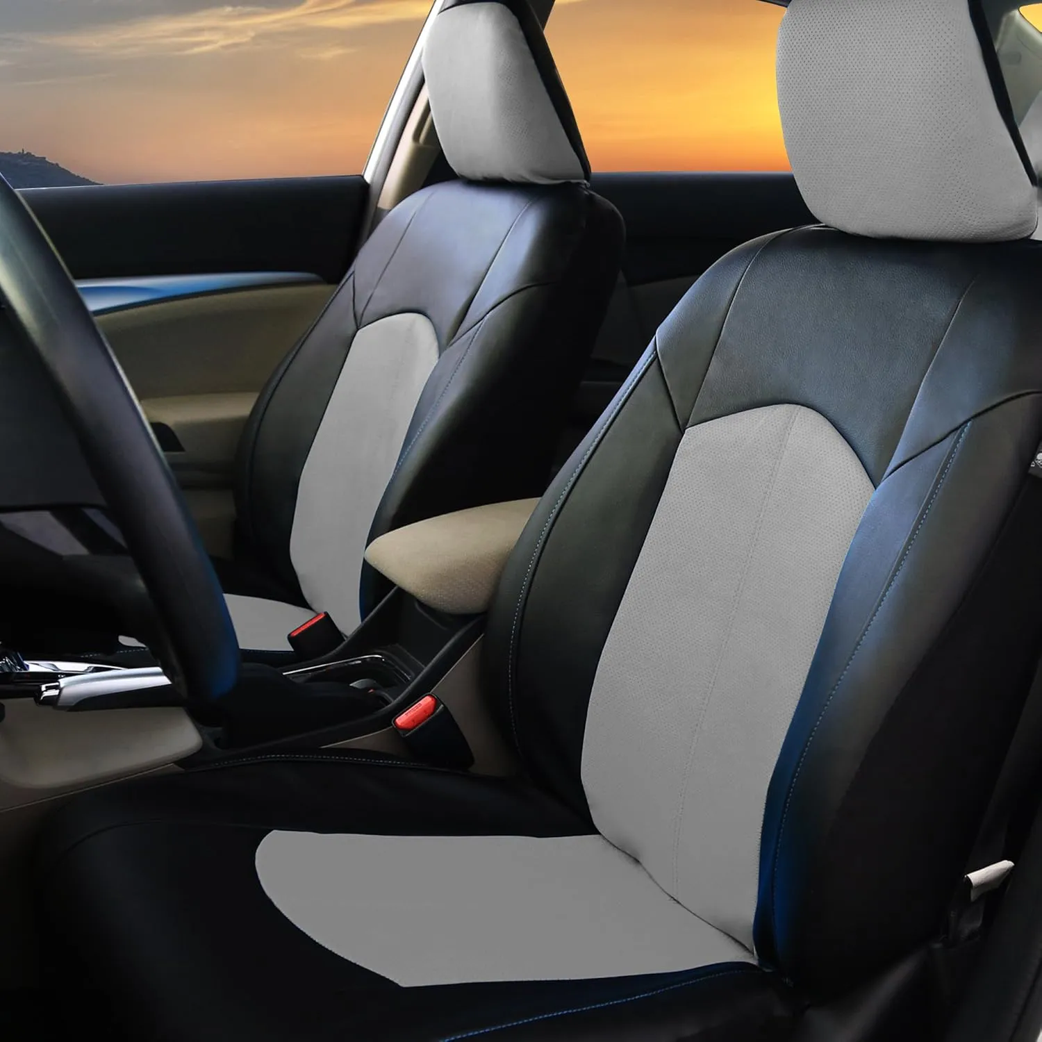 FH Group Automotive Seat Cover Highest Grade Faux Leather Gray Full Set, Combo Car Seat Cover Design Airbag Compatible Split Bench Tan Car Seat Covers Interior Accessories Universal Fit Cars Truck SUV