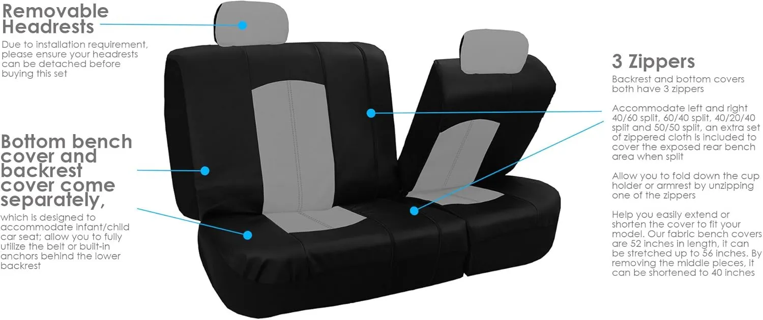 FH Group Automotive Seat Cover Highest Grade Faux Leather Gray Full Set, Combo Car Seat Cover Design Airbag Compatible Split Bench Tan Car Seat Covers Interior Accessories Universal Fit Cars Truck SUV