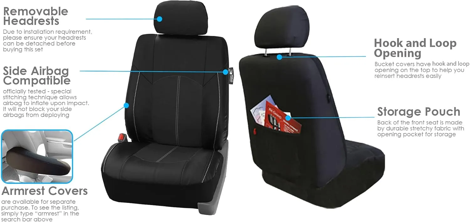 FH Group Car Seat Covers Highest Grade Faux Leather Seat Covers Airbag Compatible Black Automotive Seat Cover Front Seats Only with Gift Universal Fit Interior Accessories for Cars Trucks and SUVs