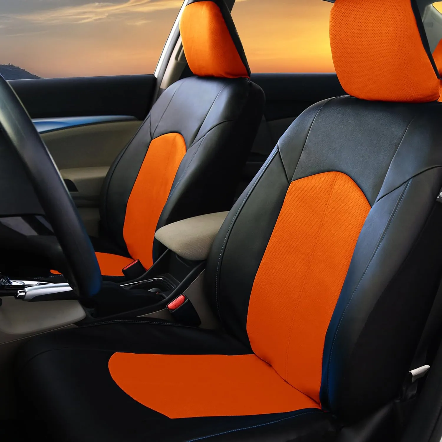 FH Group Car Seat Covers Highest Grade Faux Leather Seat Covers Airbag Compatible Orange Automotive Seat Cover Front Seats Only with Gift Universal Fit Interior Accessories for Cars Trucks and SUVs
