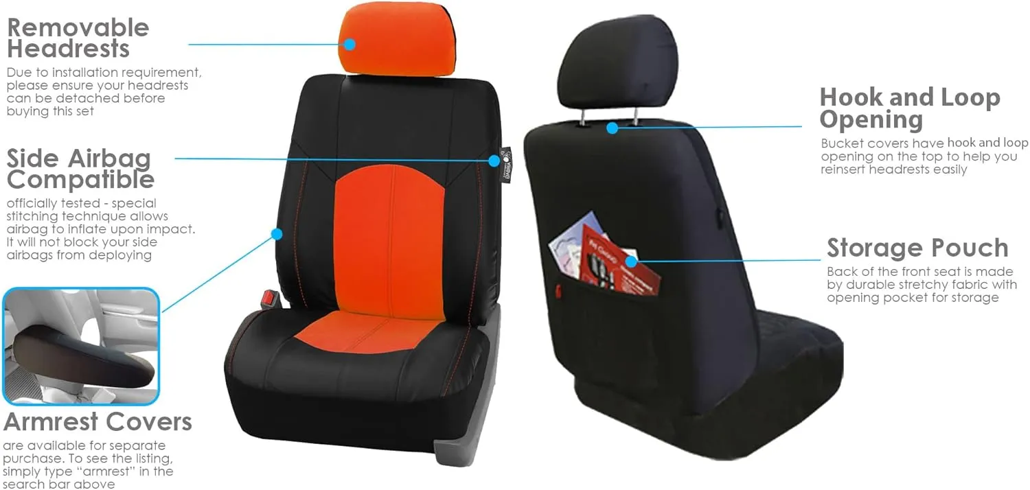 FH Group Car Seat Covers Highest Grade Faux Leather Seat Covers Airbag Compatible Orange Automotive Seat Cover Front Seats Only with Gift Universal Fit Interior Accessories for Cars Trucks and SUVs