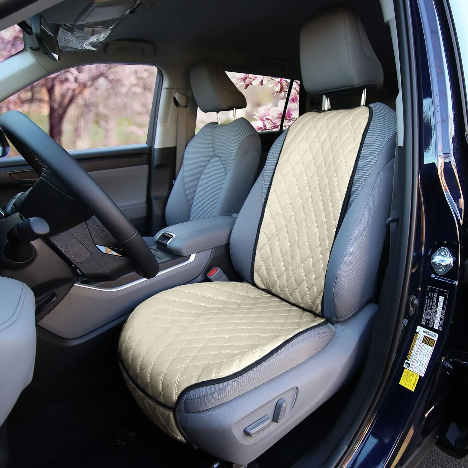 FH Group Car Seat Cushion Faux Leather Automotive Seat Cushions - Universal Fit, Car Seat Cushion With Front Pockets, Airbag Compatible Car Seat Cushions for SUV, Sedan, Van Front Set Beige
