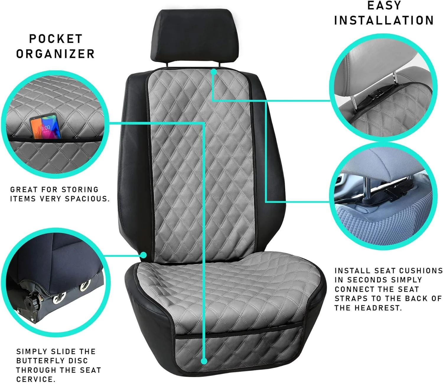 FH Group Car Seat Cushion Faux Leather Automotive Seat Cushions - Universal Fit, Car Seat Cushion With Front Pockets, Airbag Compatible Car Seat Cushions for SUV, Sedan, Van Front Set Beige