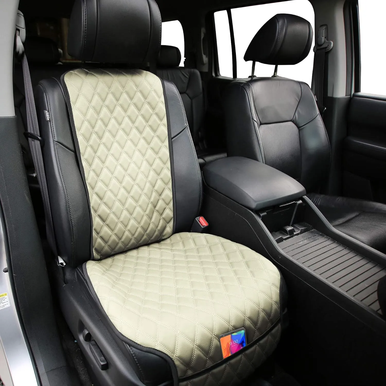 FH Group Car Seat Cushion Faux Leather Automotive Seat Cushions - Universal Fit, Car Seat Cushion With Front Pockets, Airbag Compatible Car Seat Cushions for SUV, Sedan, Van Front Set Beige