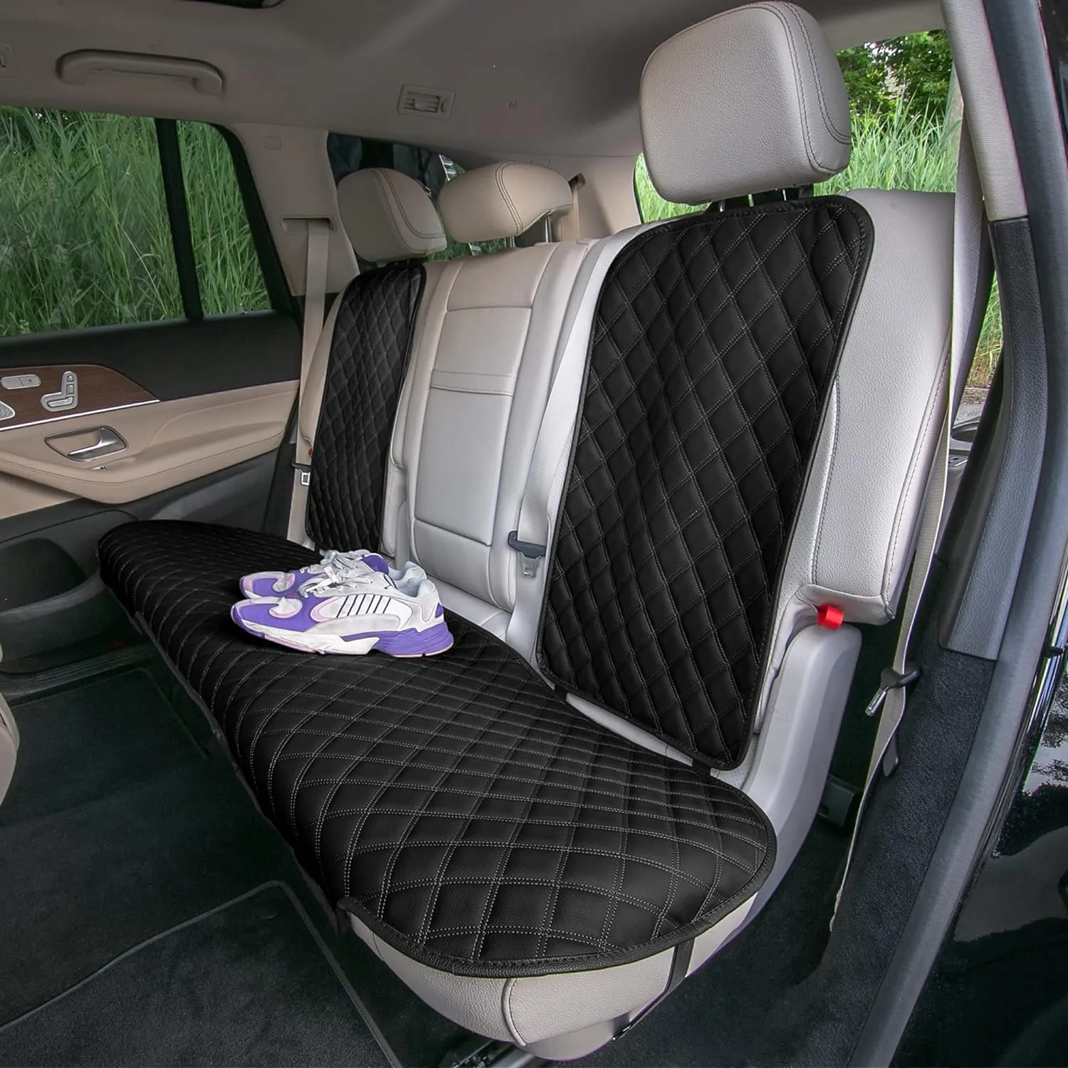 FH Group Car Seat Cushion Rear Set Black Faux Leather Automotive Seat Cushions - Universal Fit, Rear Car Seat Cushions With Non-slip Silicone Backing for SUV, Sedan, Van, Black - Rear Set