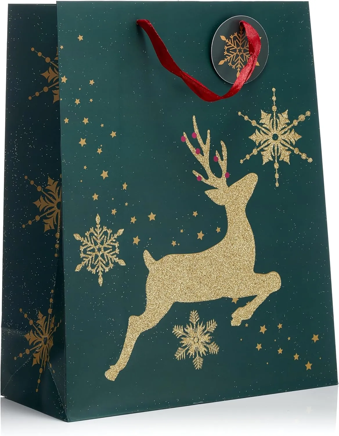 Fifth Ave Kraft Large Bags With Foil Hot Stamps or Glitter, Elegant Holiday Bags, 12" x 10" x 5", Pack of 12 (Reindeer)