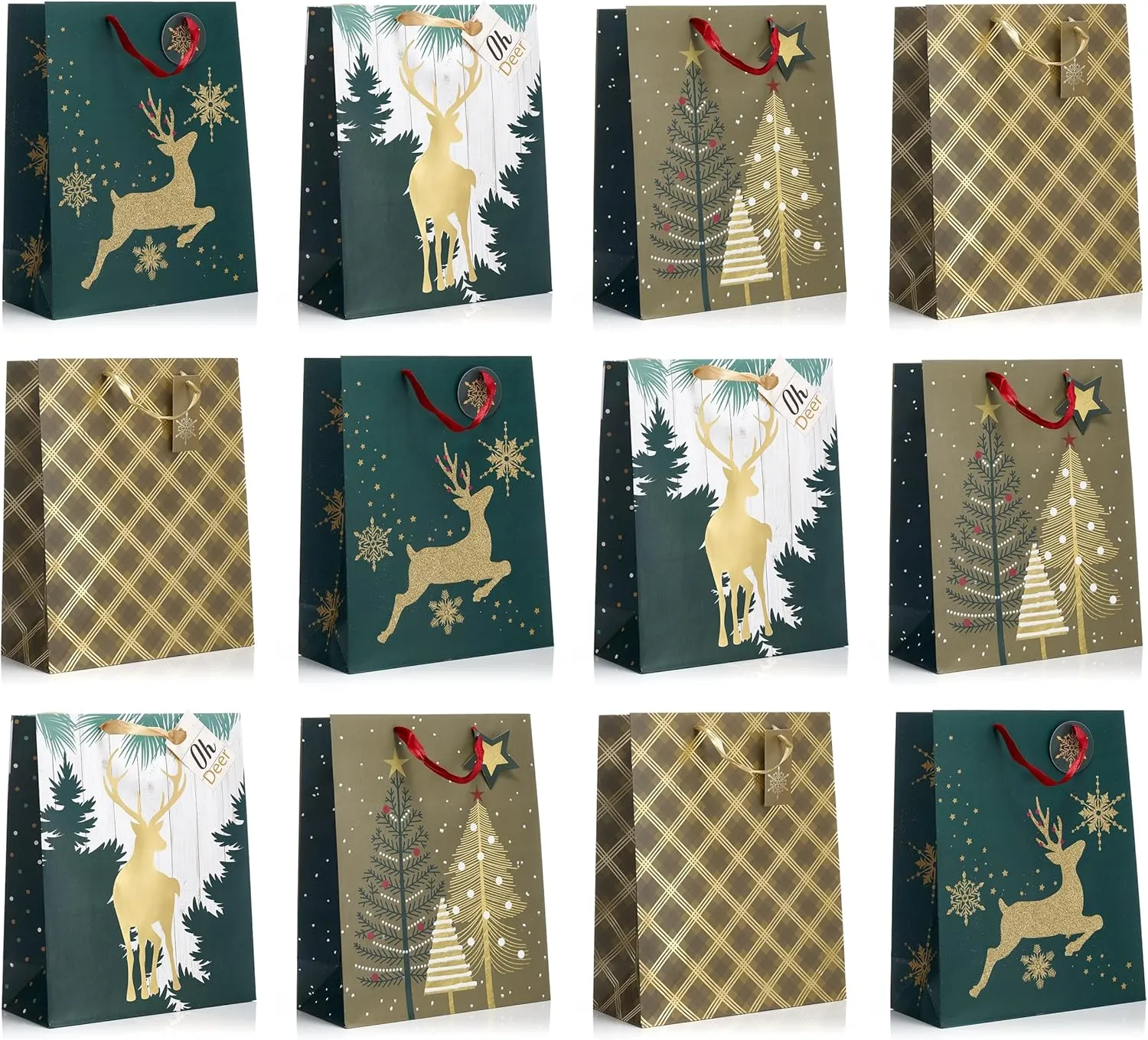 Fifth Ave Kraft Large Bags With Foil Hot Stamps or Glitter, Elegant Holiday Bags, 12" x 10" x 5", Pack of 12 (Reindeer)
