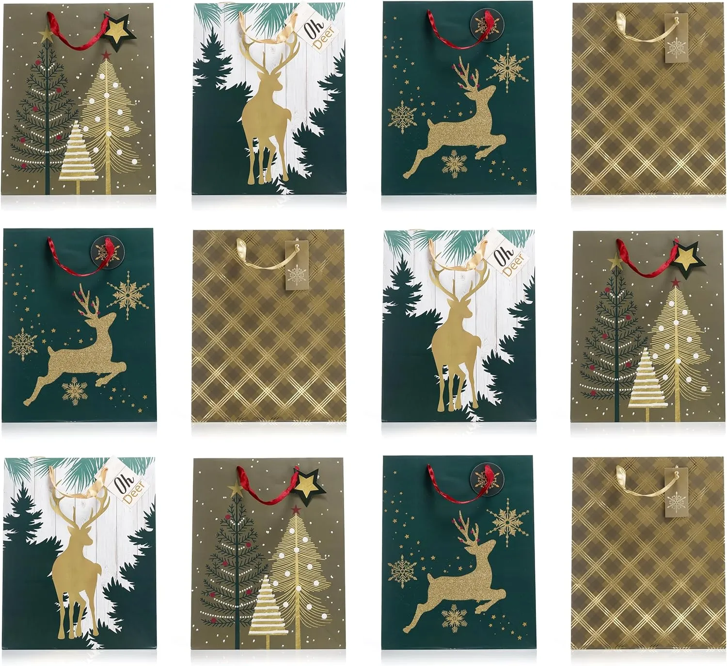 Fifth Ave Kraft Large Bags With Foil Hot Stamps or Glitter, Elegant Holiday Bags, 12" x 10" x 5", Pack of 12 (Reindeer)
