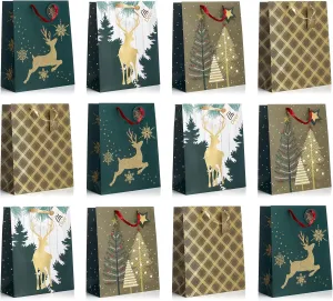 Fifth Ave Kraft Large Bags With Foil Hot Stamps or Glitter, Elegant Holiday Bags, 12" x 10" x 5", Pack of 12 (Reindeer)