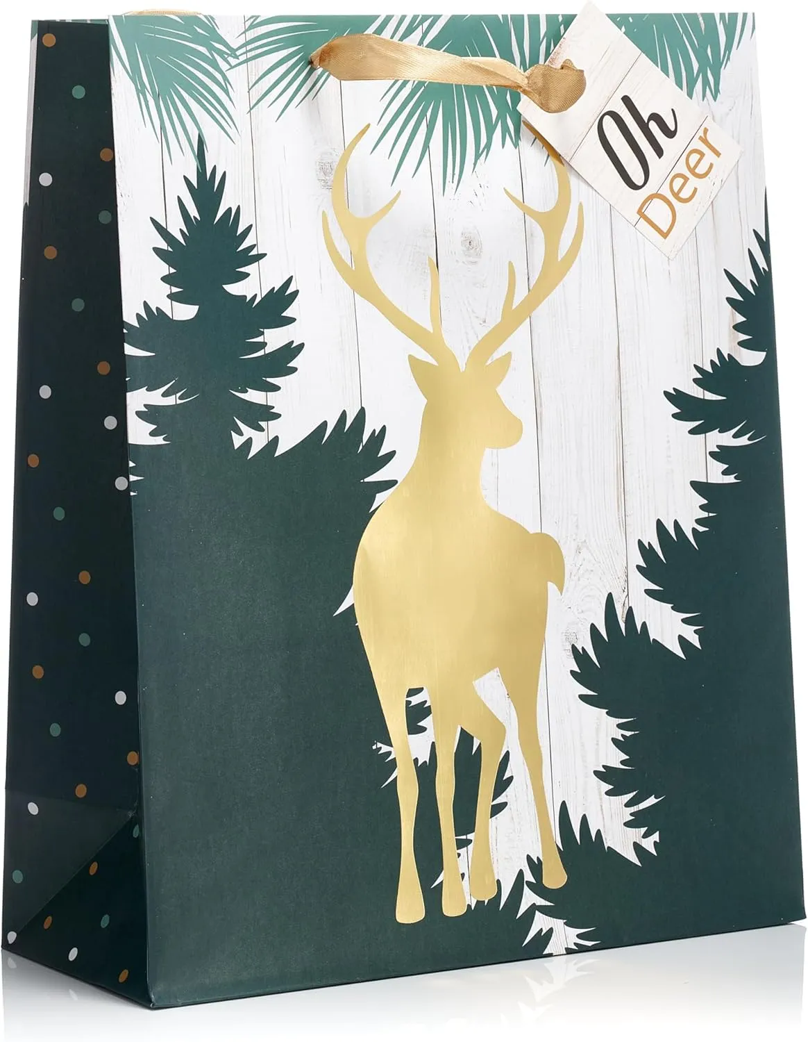 Fifth Ave Kraft Large Bags With Foil Hot Stamps or Glitter, Elegant Holiday Bags, 12" x 10" x 5", Pack of 12 (Reindeer)