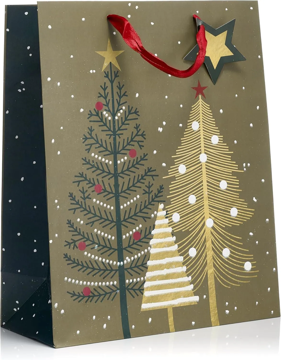 Fifth Ave Kraft Large Bags With Foil Hot Stamps or Glitter, Elegant Holiday Bags, 12" x 10" x 5", Pack of 12 (Reindeer)