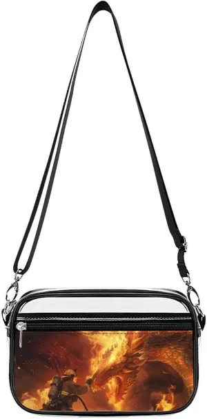 Firefighter Fighting Against Flames Dragon Clear Stadium Bag Clear Mini Messenger Bags with 2 Compartments Crossbody Bag
