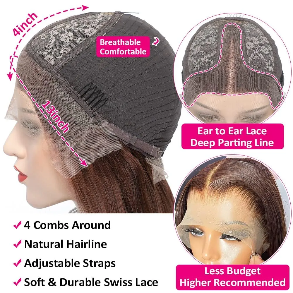 Flady Dark Brown Wig Glueless Wigs Human Hair Straight Lace Front Wigs Human Hair Pre Plucked Invisible HD Lace Wig Human Hair For Women 150 Density