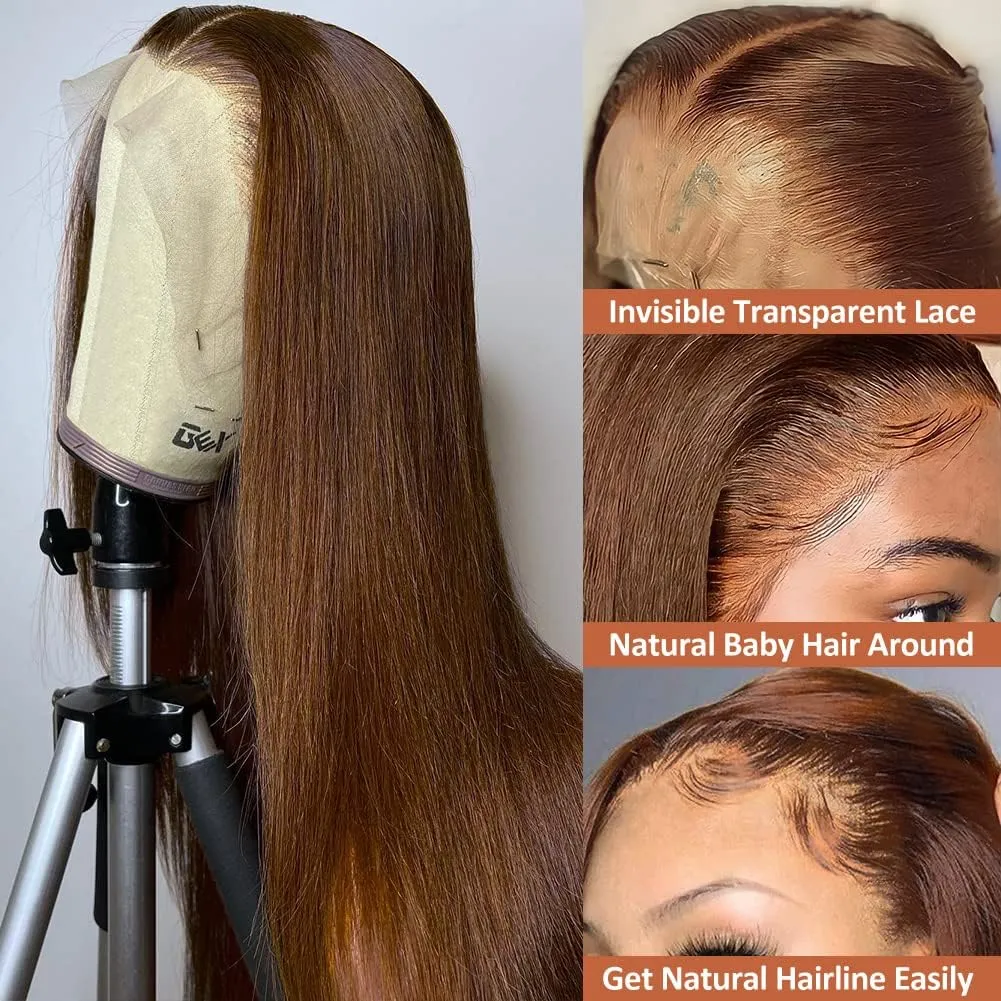 Flady Dark Brown Wig Glueless Wigs Human Hair Straight Lace Front Wigs Human Hair Pre Plucked Invisible HD Lace Wig Human Hair For Women 150 Density