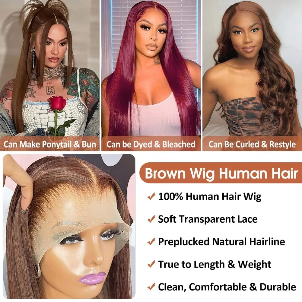 Flady Dark Brown Wig Glueless Wigs Human Hair Straight Lace Front Wigs Human Hair Pre Plucked Invisible HD Lace Wig Human Hair For Women 150 Density