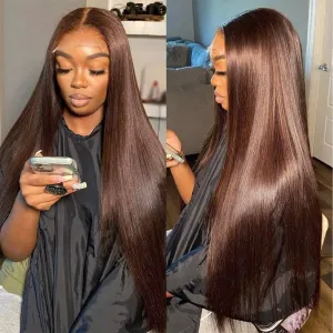 Flady Dark Brown Wig Glueless Wigs Human Hair Straight Lace Front Wigs Human Hair Pre Plucked Invisible HD Lace Wig Human Hair For Women 150 Density