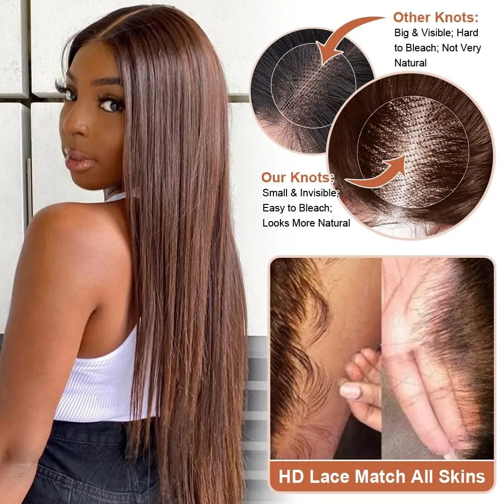 Flady Dark Brown Wig Glueless Wigs Human Hair Straight Lace Front Wigs Human Hair Pre Plucked Invisible HD Lace Wig Human Hair For Women 150 Density