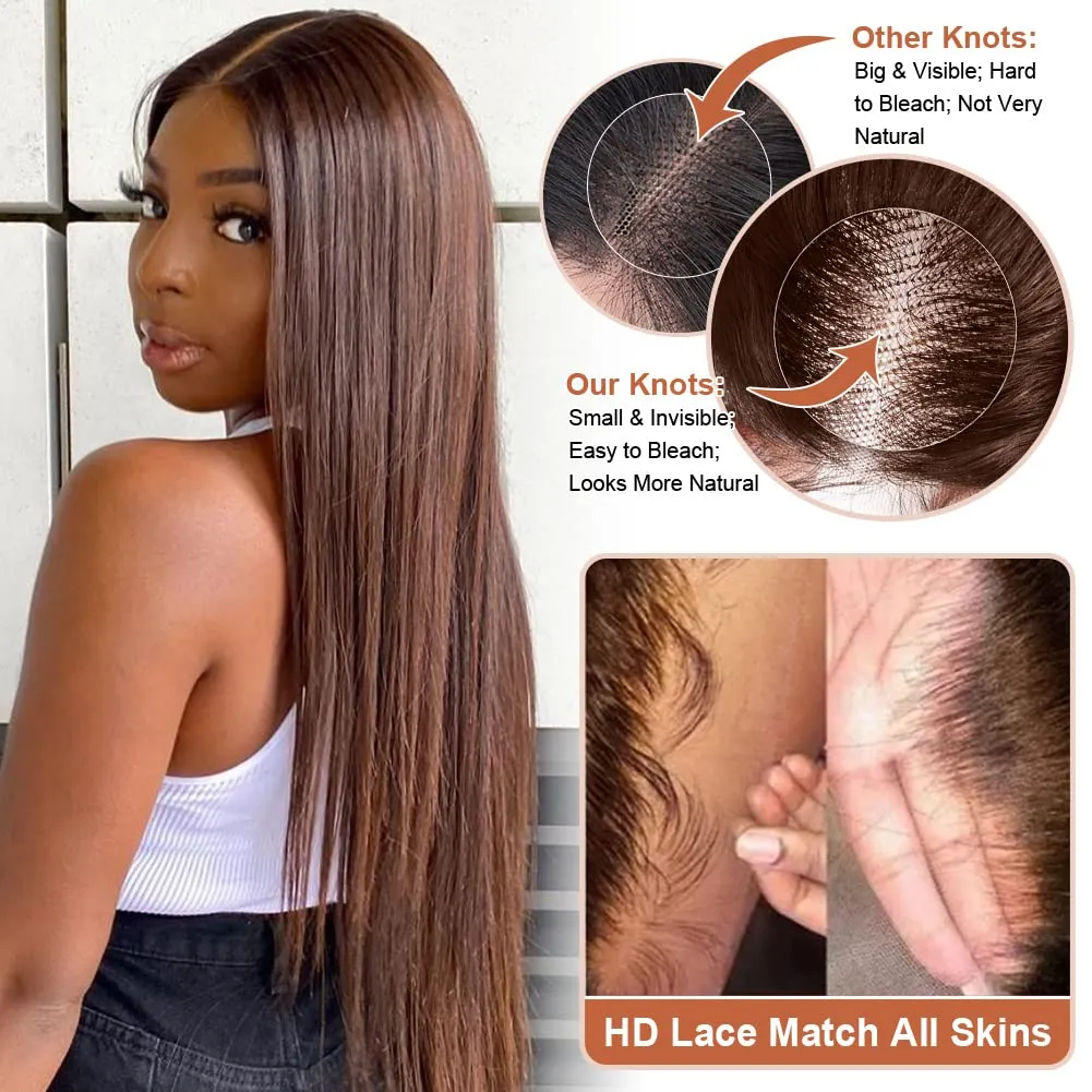 Flady Glueless Brown Straight Wigs Human Hair Pre Plucked HD Lace Front Wigs Human Hair For Women 150 Density Dark Brown Wig Human Hair With Natural Hairline