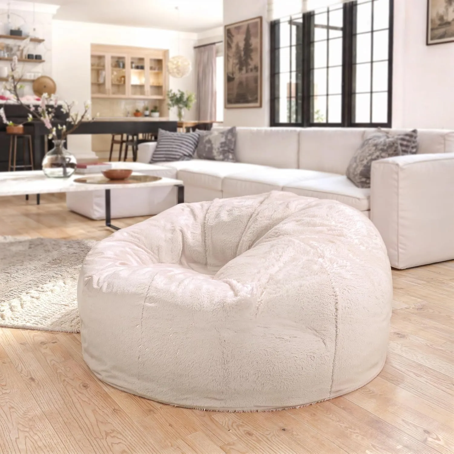 Flash Furniture Duncan Oversized Bean Bag Chair for Kids and Adults, Foam-Filled Beanbag Chair with Machine Washable Cover, White Furry