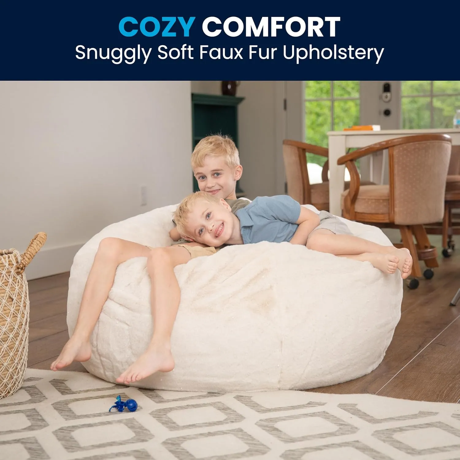 Flash Furniture Duncan Oversized Bean Bag Chair for Kids and Adults, Foam-Filled Beanbag Chair with Machine Washable Cover, White Furry