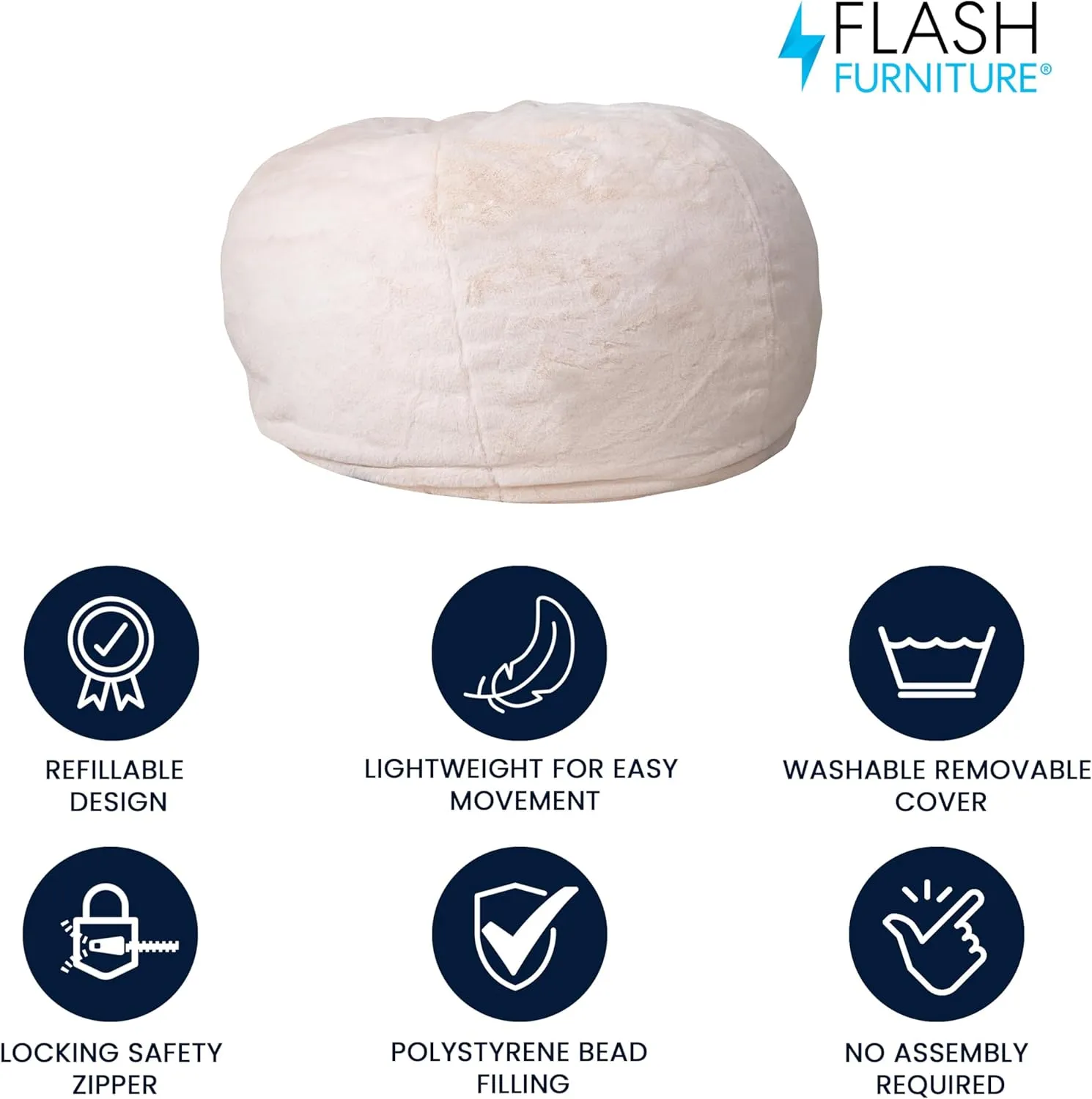 Flash Furniture Duncan Oversized Bean Bag Chair for Kids and Adults, Foam-Filled Beanbag Chair with Machine Washable Cover, White Furry