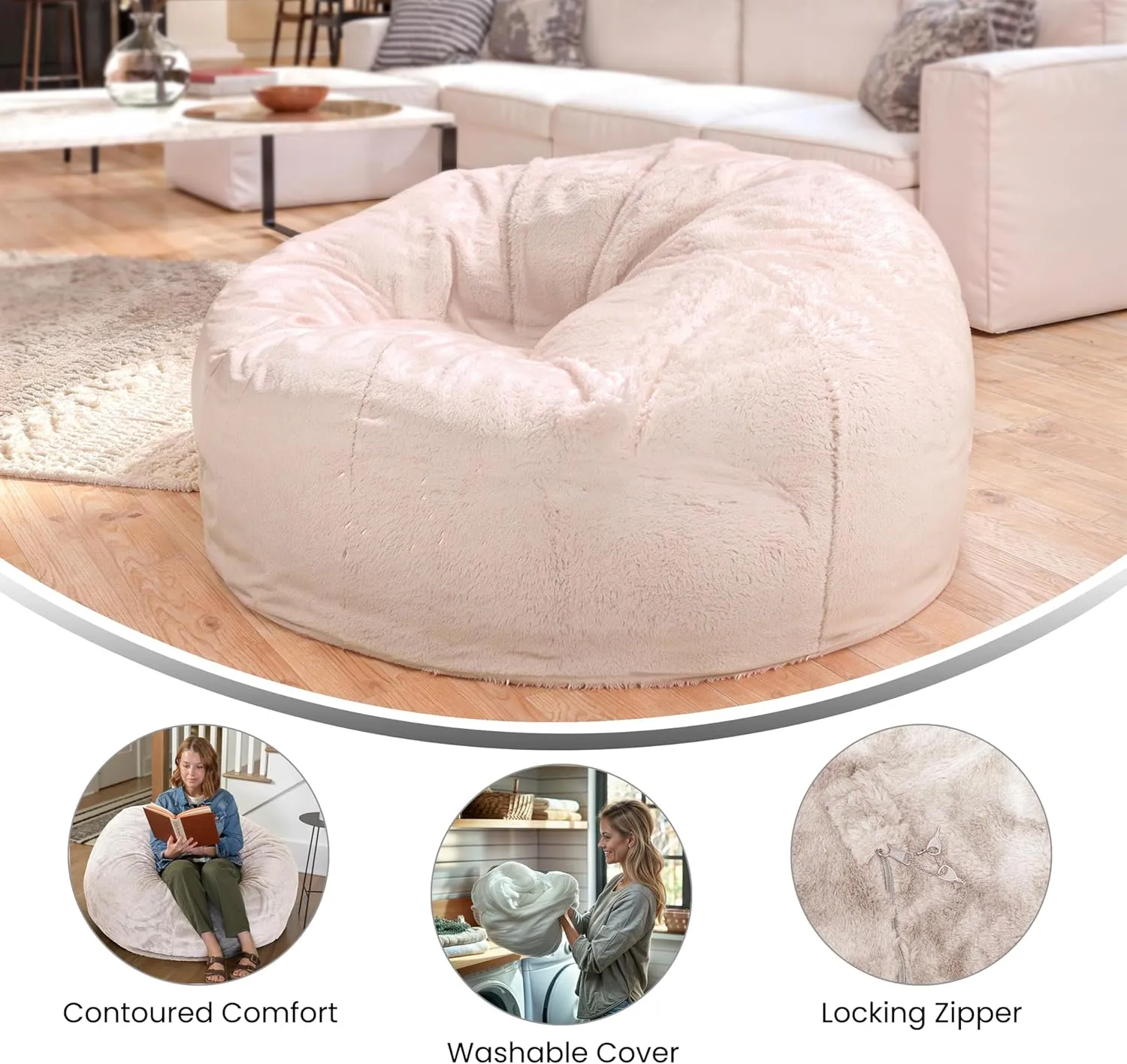 Flash Furniture Duncan Oversized Bean Bag Chair for Kids and Adults, Foam-Filled Beanbag Chair with Machine Washable Cover, White Furry