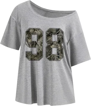 Floerns Women's Camo Number Print Short Sleeve T Shirts Asymmetrical Neck Oversized Tee Tops