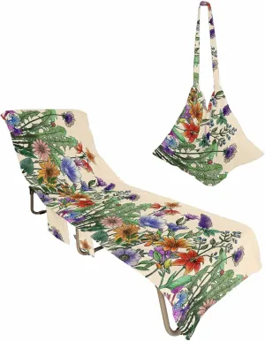 Floral Chaise Lounger Cover with Pockets, Pool Lounge Chair Covers 85"x29", Lavender Botanical Spring Microfiber Beach Chair Cover for Outdoor Patio Sunbathing