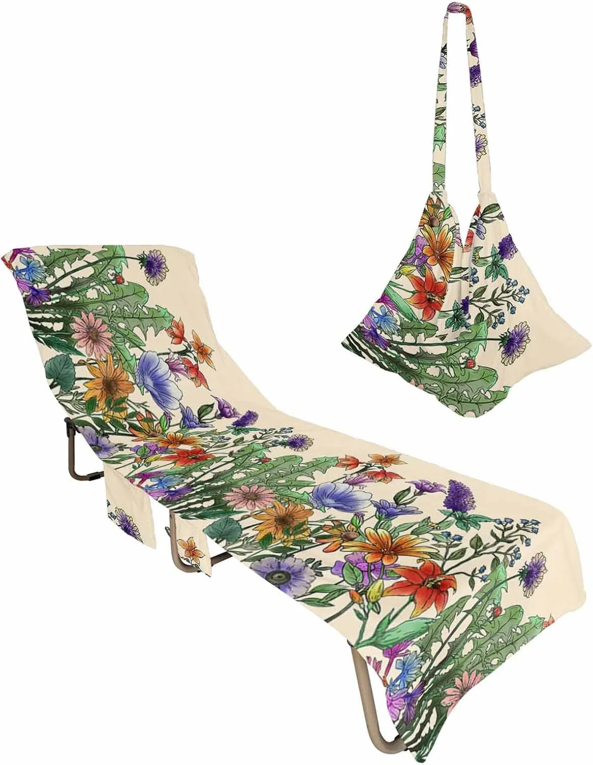 Floral Chaise Lounger Cover with Pockets, Pool Lounge Chair Covers 85"x29", Lavender Botanical Spring Microfiber Beach Chair Cover for Outdoor Patio Sunbathing